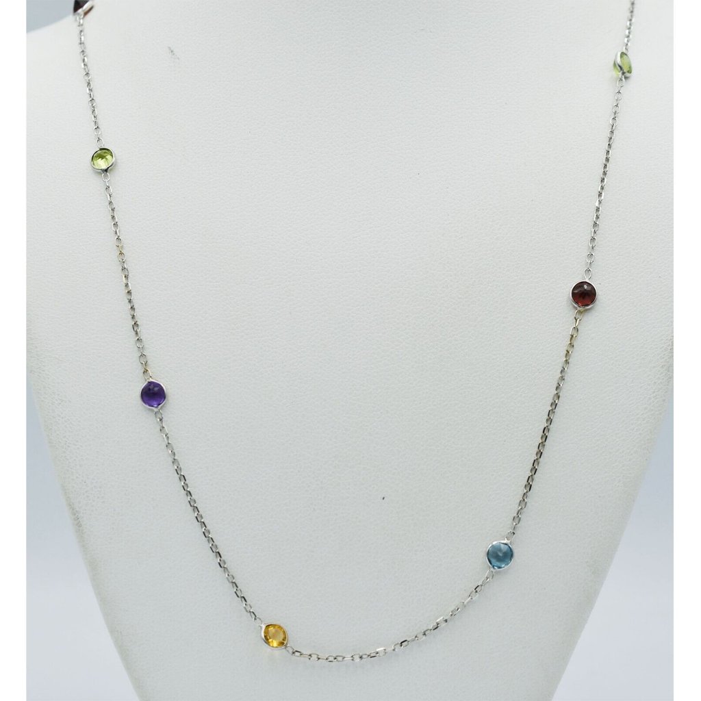 Genuine Multi Gemstones Necklace 14k White Gold 18